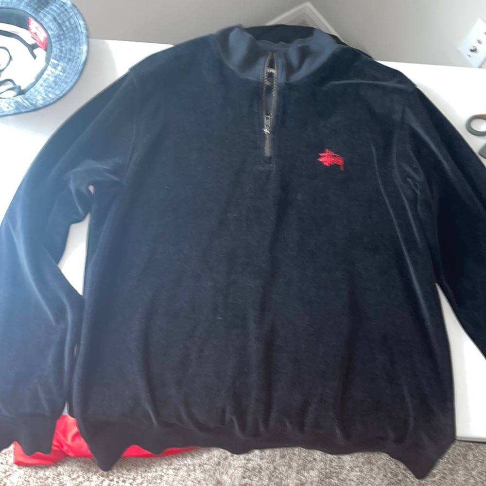 Stussy Velour Zip Mock Neck Sweatshirt
, Black with Red Embossed Logo, Size L